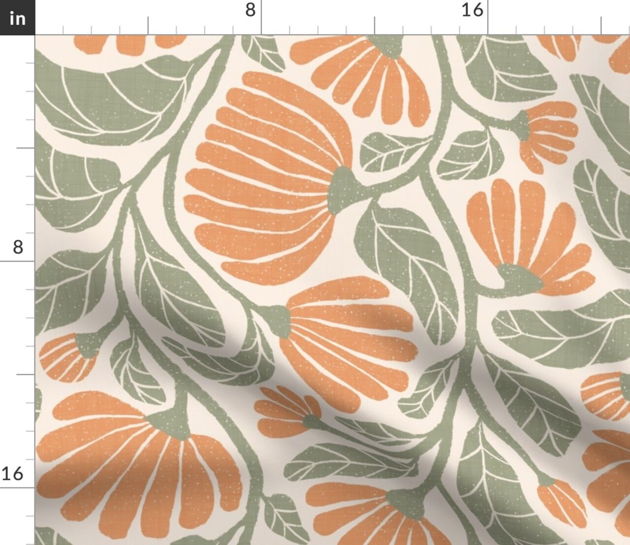 Boho Floral Modern Farmhouse Chic Cottage Vintage Botanical Damask Flowers Rustic Kitchen Moss Sage Green Retro Block Print Peach Orange Large Custom Printed Fabric by Spoonflower Various Fabrics by the Yard or Fat Quarter